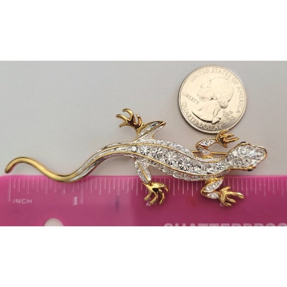 PS Co Gold Tone Clear Rhinestone Lizard Salamander Gecko Brooch, Signed M542 - Picture 4 of 5